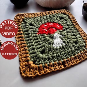 May include: A square, crocheted piece featuring a mushroom design. The mushroom has a red cap with white spots and a white stem, set against a green background. The border is brown, and the text "PATTERN PDF VIDEO MUSHROOM PATTERN" is visible.
