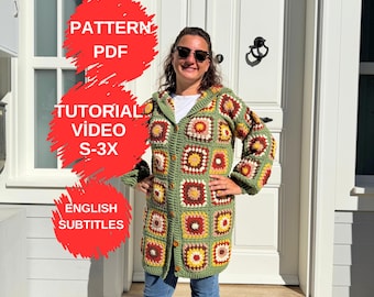 Crochet Granny Square Sweater Pattern, Handmade Cardigan, Woman Sweater, Printable Tutorial PDF, Pattern Video, Cozy Cardigan, Sizes S-3X