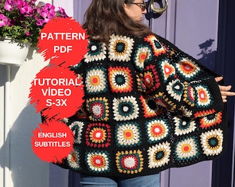 Crochet Granny Square Sweater Pattern, Handmade Cardigan, Woman Sweater, Printable Tutorial PDF, Pattern Video, Cozy Cardigan, Sizes S-3X