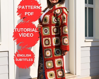 Crochet Granny Square Cardigan Pattern, Printable Pdf Pattern, Tutorial Video, Crochet Sweater Pattern, Hand Knitted Cardigan, Woman Dress