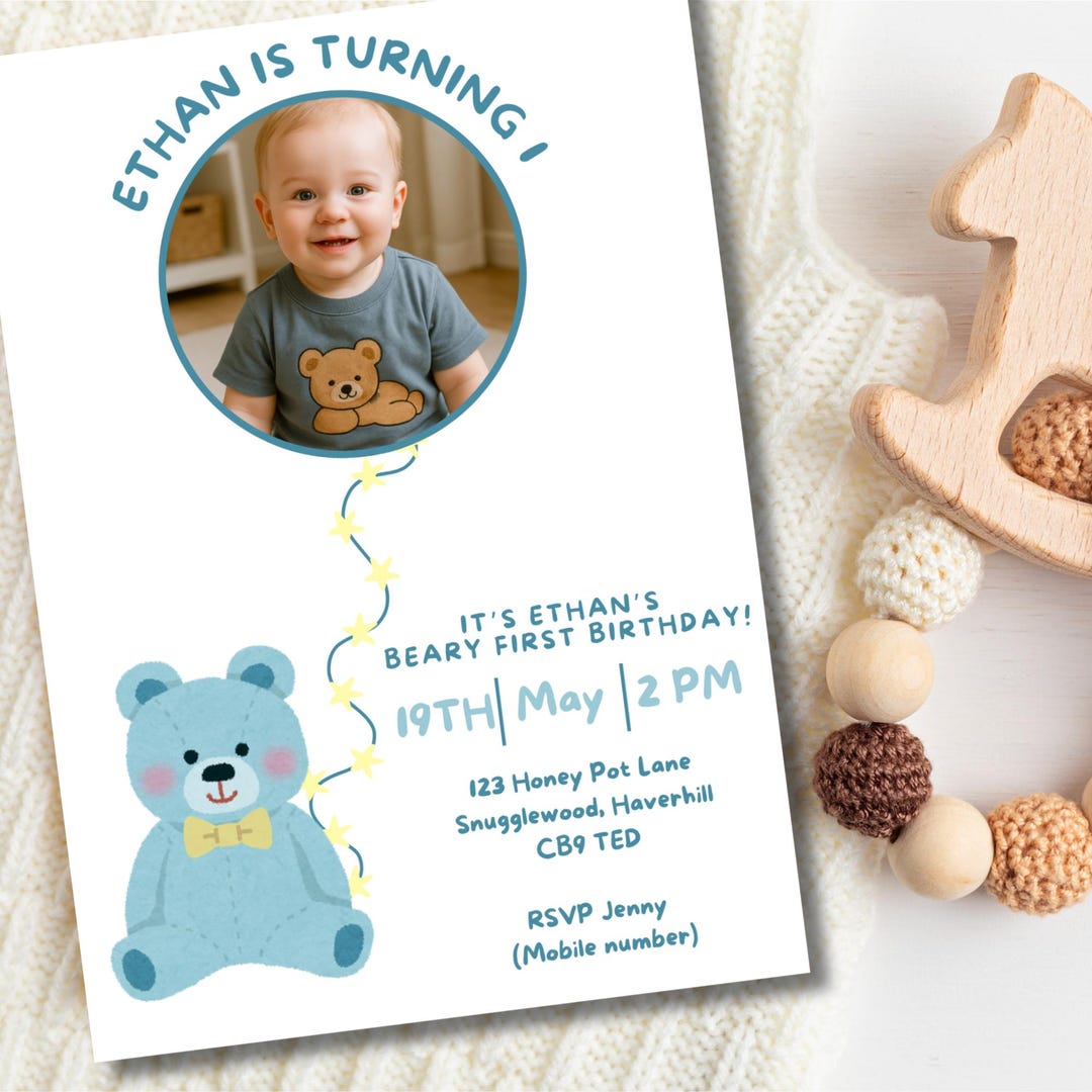 Blue Beary First Birthday Invitation – 1st Birthday Boy Invite, Teddy ...