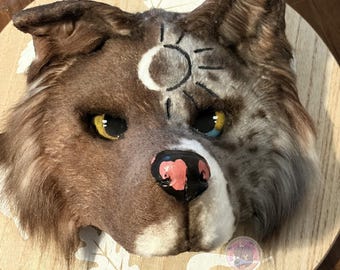 Handmade Red Merle Bordercollie Mask | Realistic Faux Fur Cosplay, Therian, K9, Otherkin (Grey Brown White )
