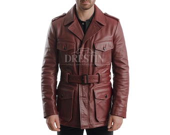 Men's Maroon Real Leather Pea Coat Jacket – Belted Military Style Field Coat