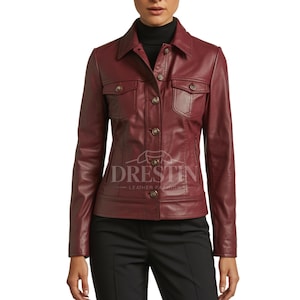 Women’s Burgundy Leather Jacket – Slim Fit Front Button jacket