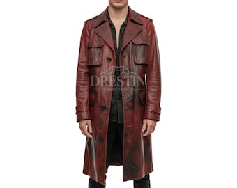Men's Vintage Style Red Leather Trench Coat – Long Real Leather Gothic Overcoat