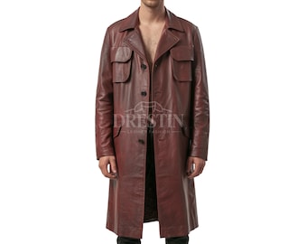 Lång, rödbrun trenchcoat i äkta läder för män – Snygg trenchcoat med knappar