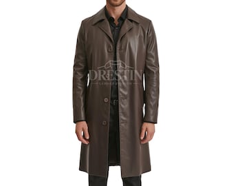 Men's Long Brown Leather Trench Coat – stylish long overcoat