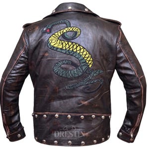 Fallout Tunnel Snakes Läderjacka Vintage Brun Bikerjacka | Snake Broderad Gaming Cosplay Jacka Herr Sliten Läderjacka