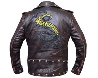 Fallout Tunnel Snakes Leather Jacket Vintage Brown Biker Jacket | Snake Embroidered Gaming Cosplay Jacket Men Distressed Leather Coat