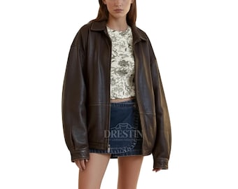 Women’s 90s Vintage Baggy Loose Fit Oversized Brown Leather Bomber Real Leather Jacket