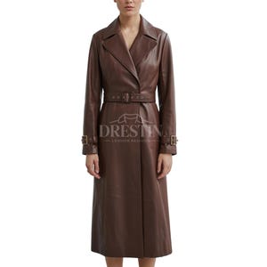 Women&#39;s Brown Leather Trench Coat – Long Belted Overcoat