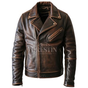 Men’s Brown Real Leather Biker Jacket – Vintage Distressed Motorcycle Style with Zippered Pockets