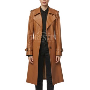 Women&#39;s Tan Leather Trench Coat | Leather Long Belted Jacket
