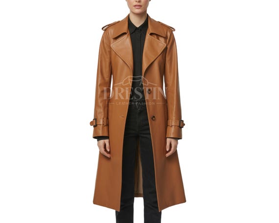 Damen Tan Leder Trenchcoat Lange Lederjacke mit Gürtel