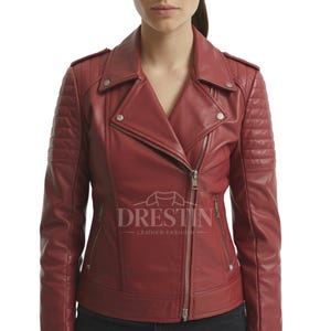 Women&#39;s Red Leather Biker Jacket – Stylish Quilted Moto Jacket for Winter & Fall
