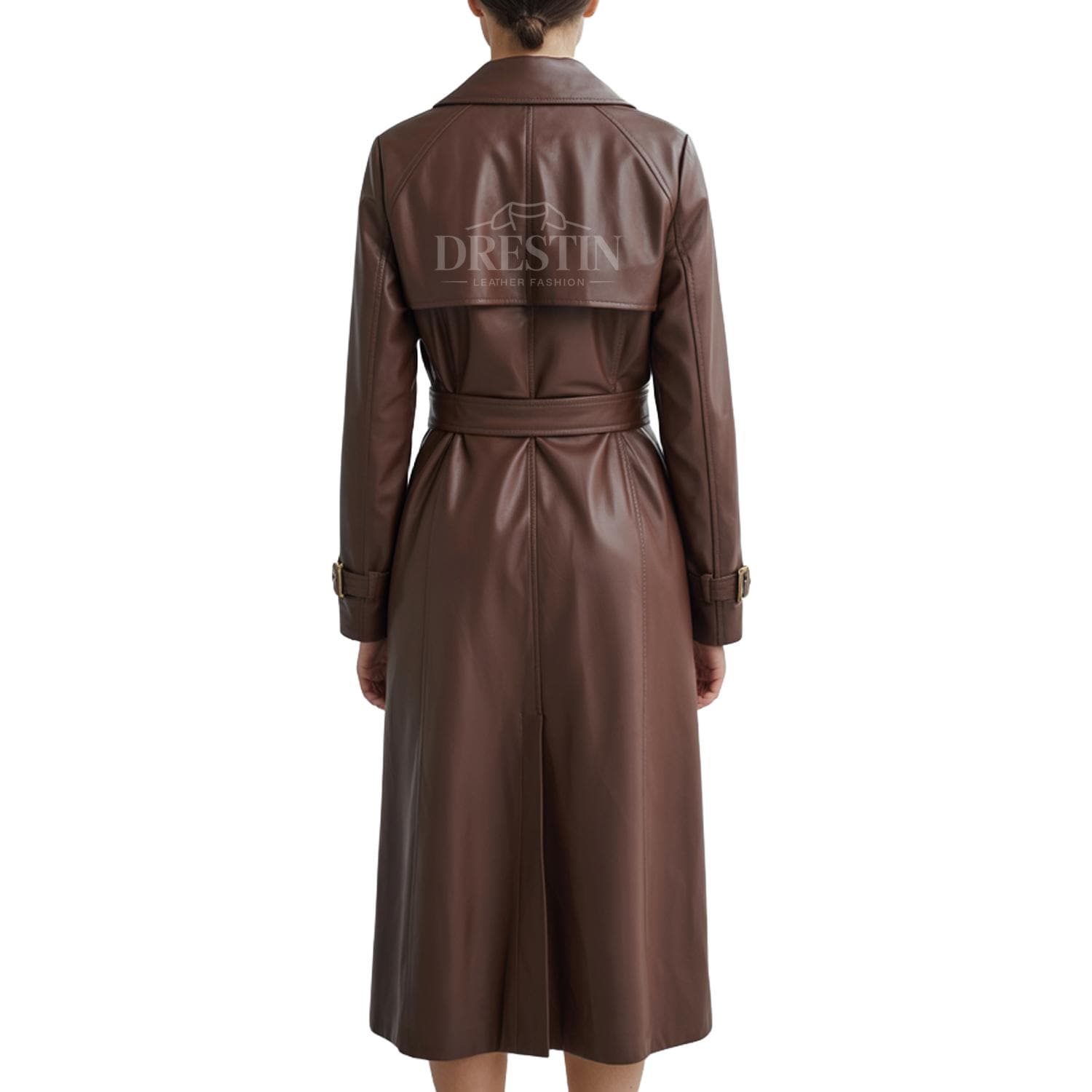 レディース ブラウンレザートレンチコート - ロングベルト付きオーバー