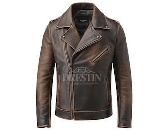 Chaqueta de motociclista de cuero auténtico marrón desgastado para hombre / Chaqueta de estilo clásico vintage para motociclistas