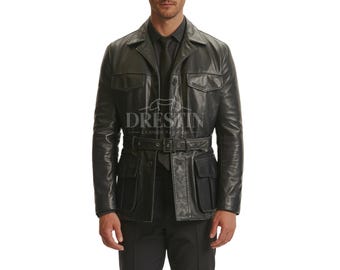 Men's Real Leather Black Field Jacket: Belted Trucker Coat