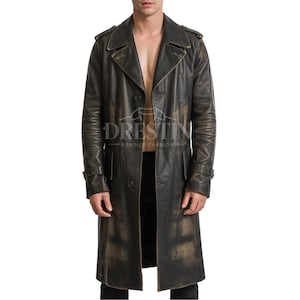 Men&#39;s Long Real Leather Trench Coat – Vintage Distressed Black Overcoat