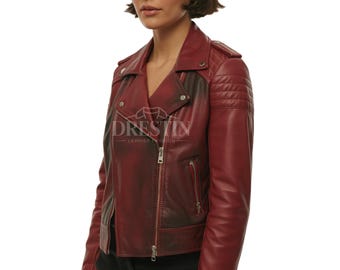 Women's Real Leather Red Biker Jacket – Quilted Moto Slim Fit Motorcycle Style jacket