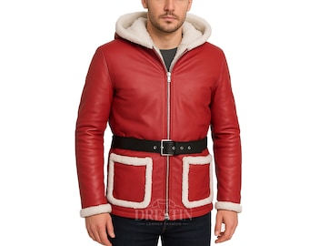 May include: A red leather jacket with a white faux fur-lined hood and trim. The jacket features a black belt with a silver buckle and two front pockets. The jacket has a zipper closure and is a winter outerwear garment.