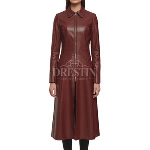 Women&#39;s Long Maroon Leather Coat – Zip Up leather trench coat