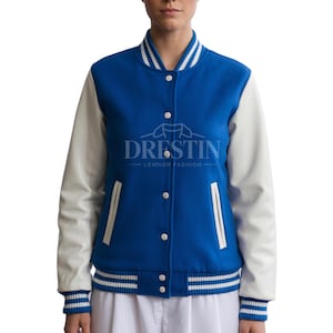 Women’s Blue Varsity Jacket with White Real Leather Sleeves – Stylish Bomber Look jacket