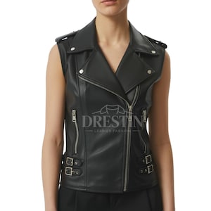 Women&#39;s Sleeveless Black Biker Vest | Leather Moto Style vest
