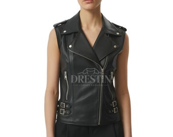 Mouwloos zwart bikervest dames | Leren vest in motostijl