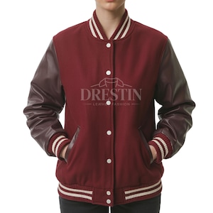 Women’s Maroon Varsity Jacket with Leather Sleeves | Classic Letterman Bomber Style jacket