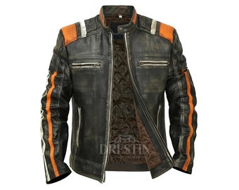 Men’s Retro 3 Cafe Racer Vintage Distressed Striped Motorcycle Biker Black Leather Jacket