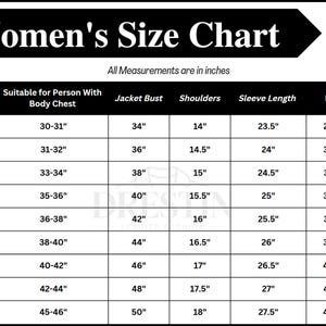 May include: A white and black Women's Size Chart with measurements in inches. The chart includes sizes from 2XS to 4XL, detailing body chest, jacket bust, shoulders, sleeve length, and waist measurements for each size.