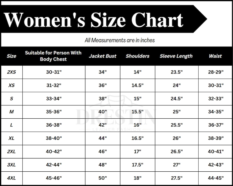 May include: A white and black Women's Size Chart with measurements in inches. The chart includes sizes from 2XS to 4XL, detailing body chest, jacket bust, shoulders, sleeve length, and waist measurements for each size.