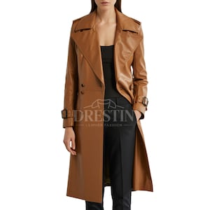 Women&#39;s Tan Leather Trench Coat - Long Double Breasted Coat