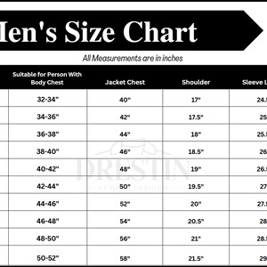 May include: A black and white size chart for jackets, labeled "Men's Size Chart." The chart includes measurements in inches for jacket chest, shoulder, and sleeve length, with sizes ranging from 2XS to 5XL. The text "All Measurements are in inches" is also included.