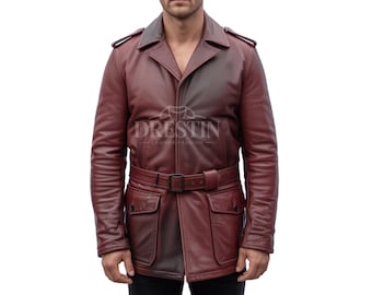 Maroon Leather Belted Jacket: Men's Classic Biker Style jacket