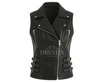 Women’s Black Sleeveless Biker Vest– Moto Jacket with Side Buckles Vest