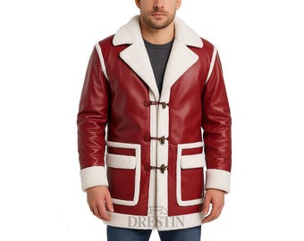 May include: A burgundy leather coat with a white faux fur collar and trim. The coat features toggle closures and two front pockets. The coat is a mid-length style.