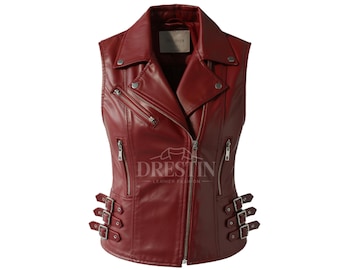 Women's Burgundy Sleeveless Biker Leather Vest – Side Buckle Moto Style vest