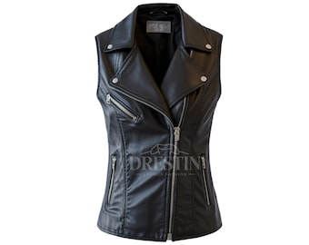 Women's Black Sleeveless Leather Biker Vest – Moto Style with Zipper vest