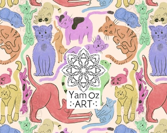 Diseño de gatos adorables con patrón repetitivo sin costuras – JPG de 30x30 cm, 300 ppp – Papel digital para diseño de telas, sublimación y scrapbooking