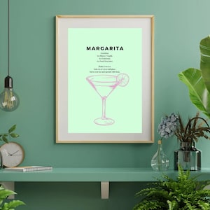 Cóctel Margarita - Tarjeta de receta moderna - Ilustración digital - Póster de bebida, decoración de cocina, arte de cocina, arte mural retro, impresión tipográfica
