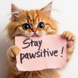 Positive Nachricht. Kätzchen hält Karte. Ermutigendes und motivierendes Geschenk. Druckbarer und bearbeitbarer sofortiger Download. Pawsitive Vibes.