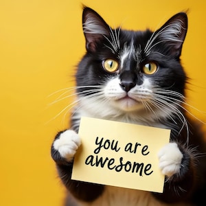 Message d'appréciation. Chat montrant une carte en train de lire « tu es adorable ». Cadeau encourageant. Mots positifs. Téléchargement instantané. Image d'arrière-plan.