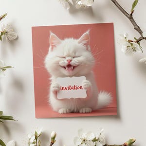 Einladungskarte. Weißes Kätzchen mit Fahne vor rosa Hintergrund. Sofortiger Download. Bereit zum Drucken oder Bearbeiten für Nachricht, Mockup, Design.