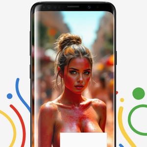 Może przedstawiać: Smartfon wyświetla kobietę z czerwoną farbą na ciele, z tekstem "Be my companion anywhere anytime" u góry. Kolorowe abstrakcyjne kształty otaczają telefon.