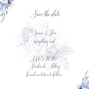 Elegante tarjeta para guardar la fecha con diseño floral azul y rosa