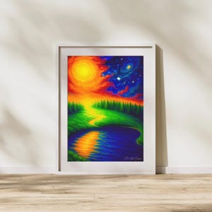 Vibrant Psychedelic Sunset Wall Art, Trippy Nature Canvas Print, Cosmic Forest Décor, Surreal Abstract Art, Day to Night Digital Print