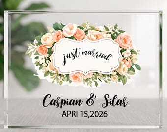 Placa acrílica personalizada para bodas con los nombres de la pareja, letrero acrílico personalizado de "Casados", placa acrílica floral para bodas (recuerdo)