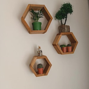Set of 3 hexagon wooden wall shelves, geometric honeycomb design for modern rustic decor, floating display for plants, books or art